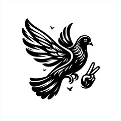Obraz premium Stylized black dove with wings spread and peace sign
