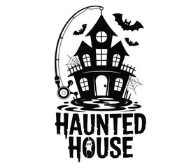 Fishing reel designed as haunted house with bats and cobwebs vector isolated black and white