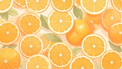 Close-up view of fresh orange slices and whole fruit scattered with leaves on beige background