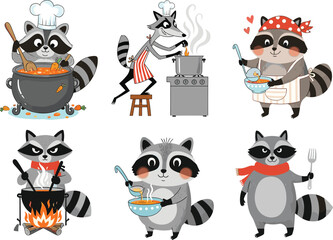 Cute raccoon cooking food, cartoon chef raccoon, kitchen preparation, soup making, funny animal vector, culinary illustration, playful kitchen art, children’s cooking.