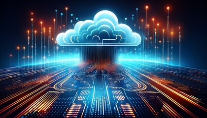 futuristic digital cloud computing concept with data flow and binary code ideal for technology and data storage themes