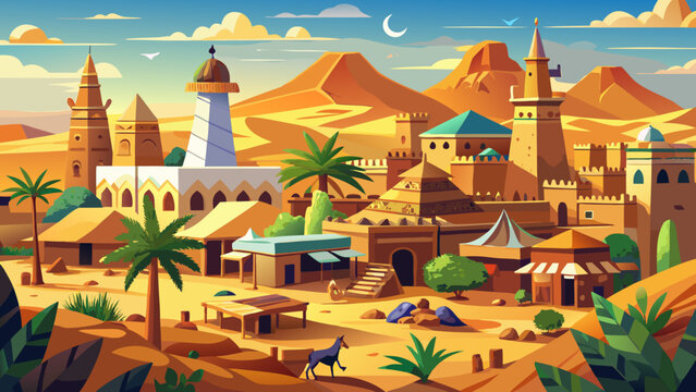 Agadez, Niger, a historic Sahel town with sun-dried clay walls, lively camel markets, and the iconic minaret of the mosque rising proudly above its desert skyline.