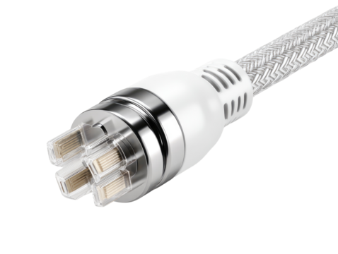 Close-up of a white power cord plug