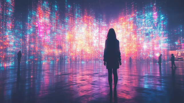 A person silhouette stands in a vast futuristic digital city of glowing data streams, observing the vibrant neon light structures.