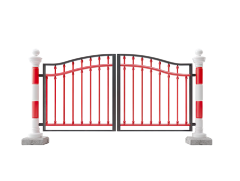 3D model of a metal gate with red accents