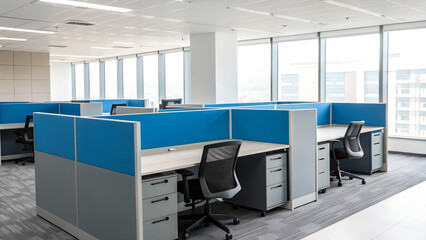 Modern office space with cubicles and large windows offering a bright and productive work environment