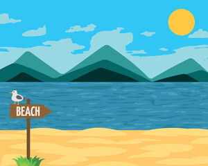 Summer Beach Landscape Illustration Art - Beautiful Sunny Beach with Beach Sign and Blue Sky.