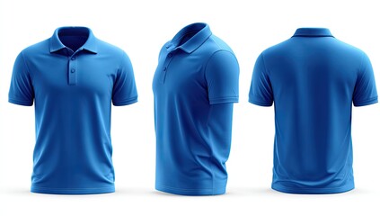 Three views of a vibrant blue polo shirt