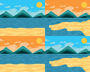 Set 4 Summer Beach Landscape Illustration Art - Beautiful Sunny Beaches and Islands with Blue or Orange Sunset Sky.