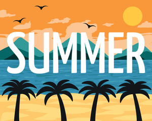 Summer Beach Landscape Illustration Art - Beautiful Sunny Beach with Palm Trees Silhouettes and Orange Sunset Sky.