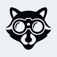 Silhouette raccoon with binoculars spying watching vector illustration