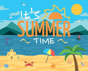 It's Summer Time Logo on Beach Landscape Illustration Art - Beautiful Sunny Beach with Blue Sky. Coconut Tree, Crab, Sand Castle, Shells, Dolphin and more.