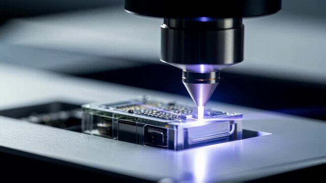 Closeup view of laser welding nozzle focusing infrared light onto micro biosensor casing highlighting advanced manufacturing precision.