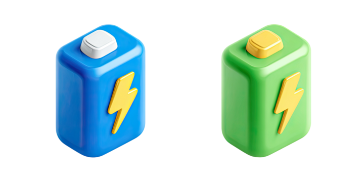Two stylized battery icons, one blue, one green