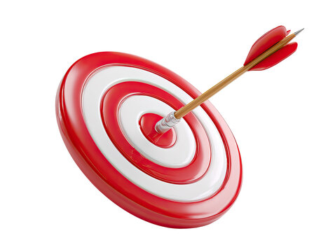 A red and white target with a wooden arrow lodged in the center