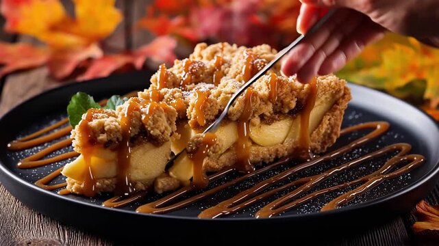 A slice of apple pie with caramel topping, served on a plate with a backdrop of autumn leaves. Dolly shot in 4K.