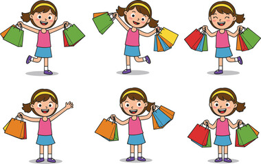 Joyful cartoon girl carrying colorful shopping bags in various poses, vector illustration for retail, sale, fashion, and consumer lifestyle themes