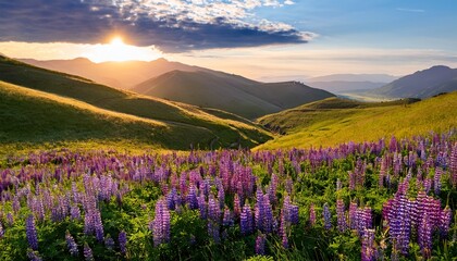Fototapeta premium wild lupine flowers scattered among rolling hills