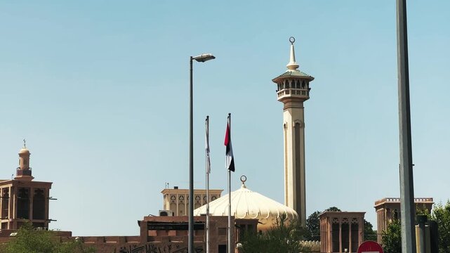 Scenic view of Al Farooq Mosque minaret in Dubai's historic Al Fahidi neighborhood