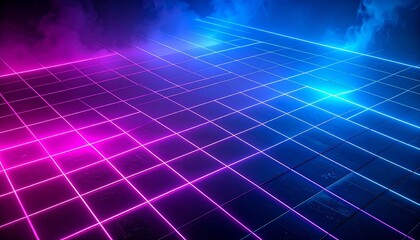 Futuristic neon grid with pink and blue lights.