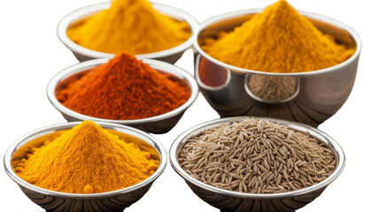 Various spices in metal bowls on a wooden surface, transparent background png