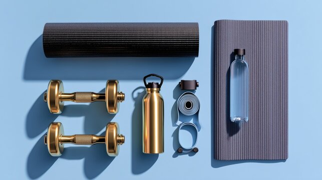 Top View of Dumbbells, Yoga Mat, Resistance Bands, and Water Bottle