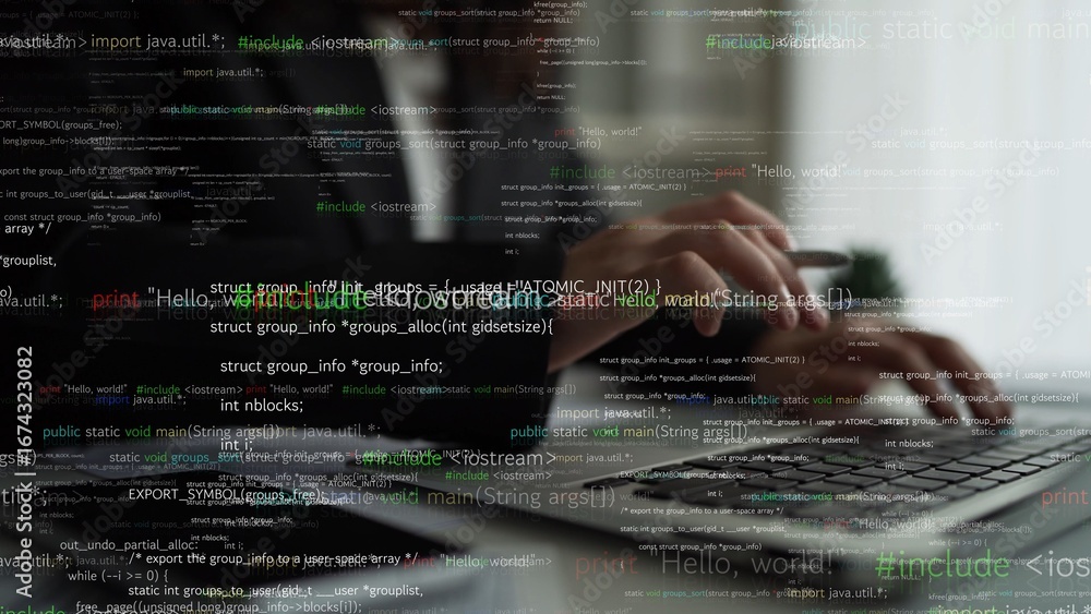 Aufkleber a business professional is focused on typing code on a laptop, surrounded by dynamic overlays of pro