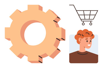 Gear, shopping cart, smiling person suggest teamwork, consumer focus, and e-commerce. Ideal for business, marketing, online shopping teamwork customer service technology and innovation. Simple
