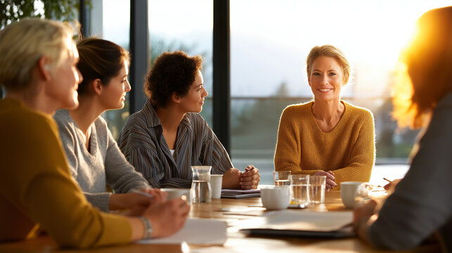 Teachers collaborate in a meeting, the cooperative scene illuminated by gentle sunlight. Teachers, meeting, with copy space