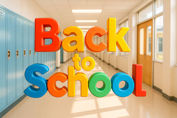 Bright colorful 3D letters spelling “Back to School” floating in front of a school hallway with lockers. Represents fun, cheerful, and educational design perfect for promotions and campaigns.