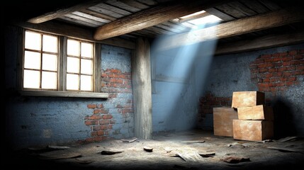 Abandoned brick room with sunbeams piercing haze, rough textures, and scattered debris by stacked boxes. Moody, cinematic atmosphere ideal for thriller, renovation, security, or escape ads.