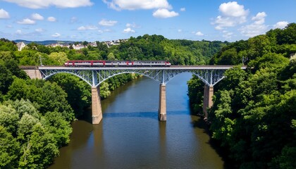 Train crossing historic bridge over river surrounded by lush green trees on a sunny day.