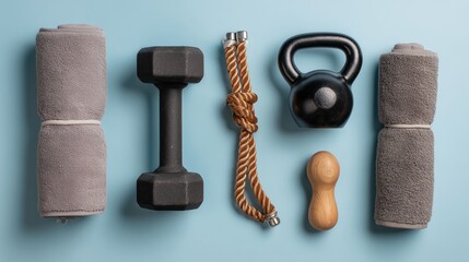 Top View of Fitness Gear on Pastel Blue Background With Dumbbells, Kettlebell, Jump Rope, and Towel