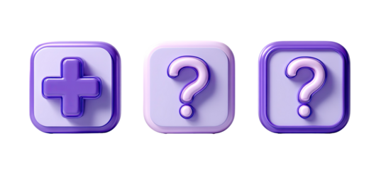 Three square buttons, light purple with darker purple outlines, one with a plus sign, two with a question mark