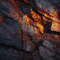 Close-up view of dark, textured rock face with warm highlights