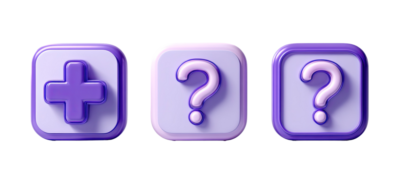 Three square buttons, light purple with darker purple outlines, one with a plus sign, two with a question mark