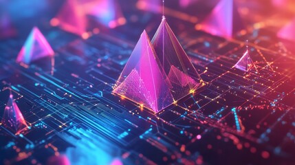 Abstract pyramids on a circuit board, glowing in vibrant pink and blue hues.