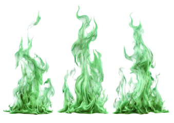 Three vibrant, isolated green flames against a black background