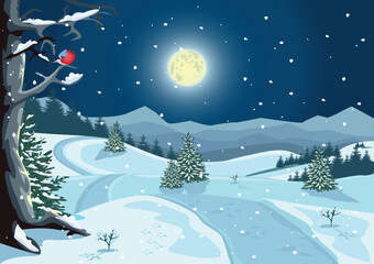 Winter night landscape with snowy road, huge moon, mountains, snowfall and snowy tree. Vector vertical illustration of winter in mountains.