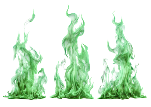 Three vibrant, isolated green flames against a black background - Powered by Adobe