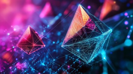 Abstract geometric shapes with vibrant neon lights and connecting lines, representing digital innovation and technology.