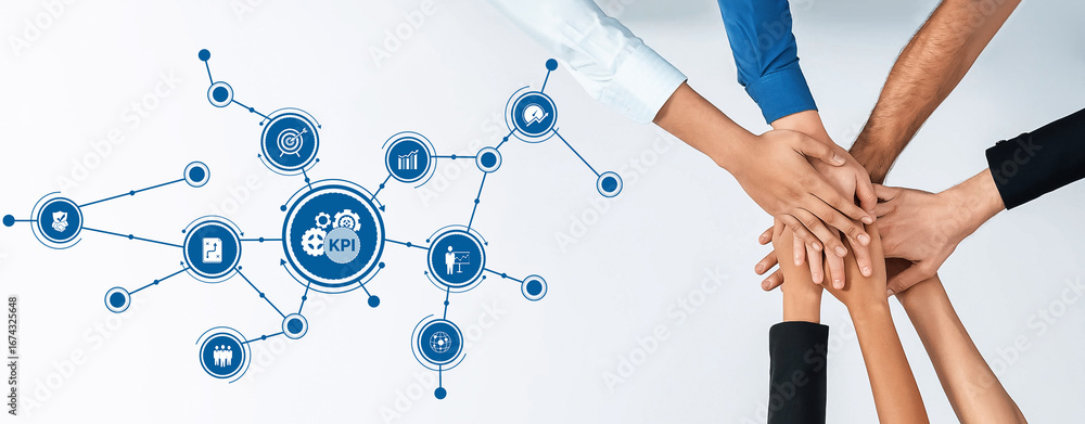 Poster this image showcases a dynamic business concept featuring teamwork and key performance indicators, e