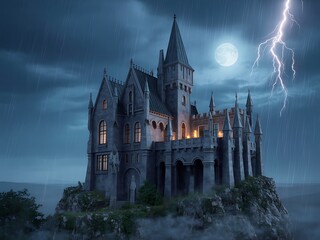 Obraz premium Gothic castle on a cliff under a stormy night sky with lightning