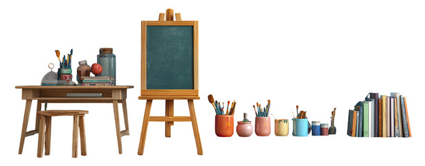 A stylized art studio scene with an easel, table, stools, and various art supplies