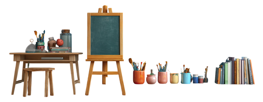 A stylized art studio scene with an easel, table, stools, and various art supplies
