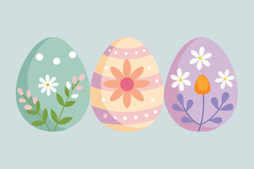 Vibrant collection of three decorative Easter eggs featuring charming floral patterns and pastel colors perfect for spring celebrations and festive designs.