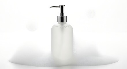 Obraz premium Elegant Frosted Glass Soap Dispenser with Chrome Pump on a Bed of Pure White Foam.