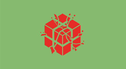Isometric red cube exploding into many fragments.