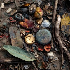 Scattered debris on the ground. Fallen leaves, rocks, and various small objects litter the earth