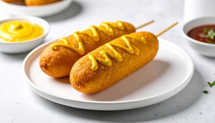 Crispy corn dogs with mustard on plate.